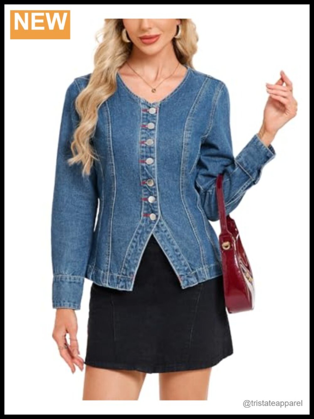 Womens Collarless Denim Jacket Long Sleeve V-Neck Slim Fit Button Down Jean